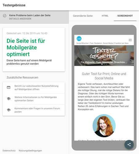 Sreenshot einer Testseite von Google, ob Webseiten den Mobilen Index berücksichtigen. Das Ergebnis: Die Seite ist für Mobilgeräte optimiert
